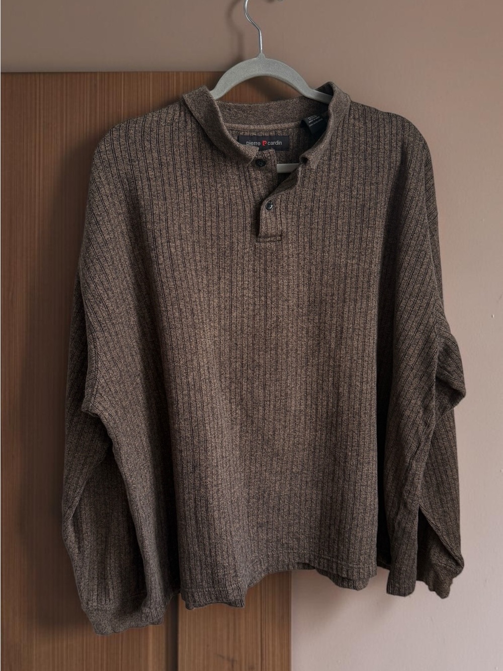 Pierre Cardin Brown Ribbed Henley Crewneck Sweater